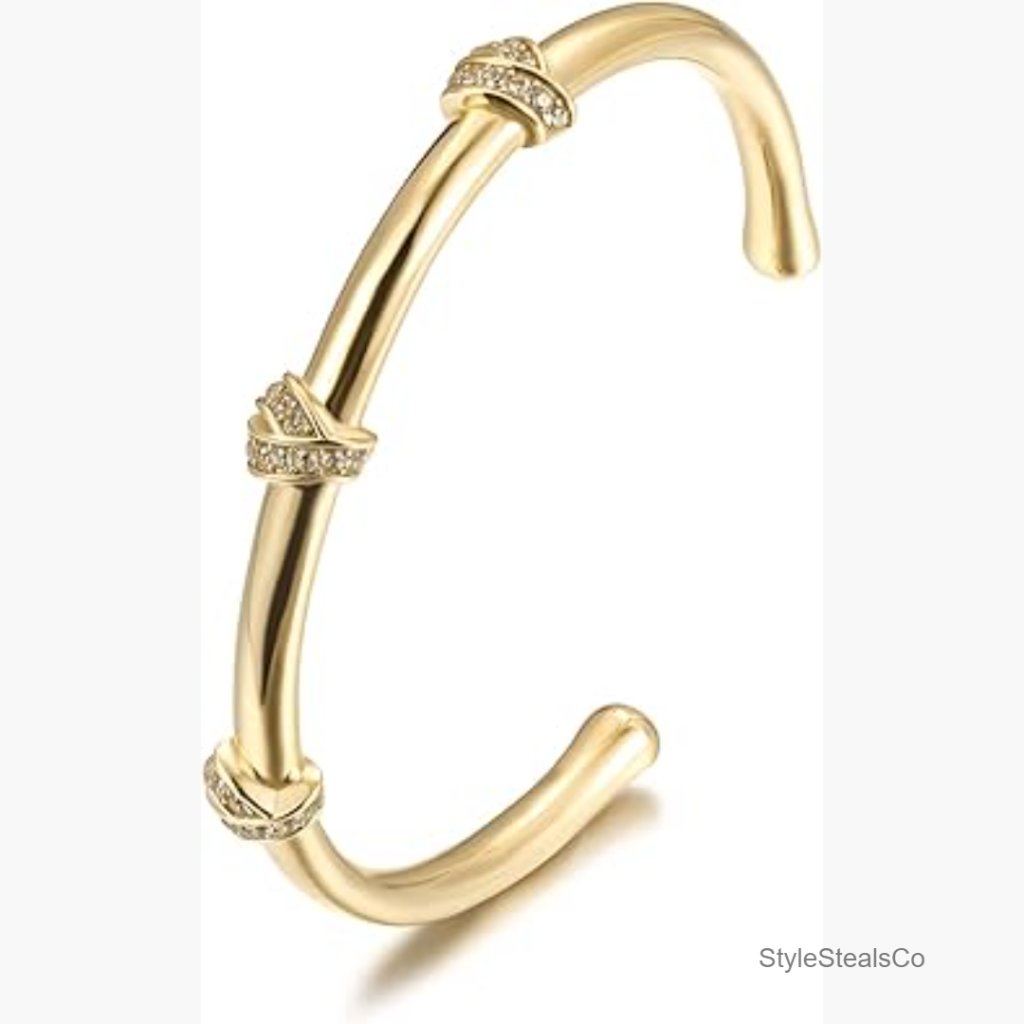 18k Gold Filled Hinged Cuff Bracelet With Cz Stones, 6.5" Inner Circ